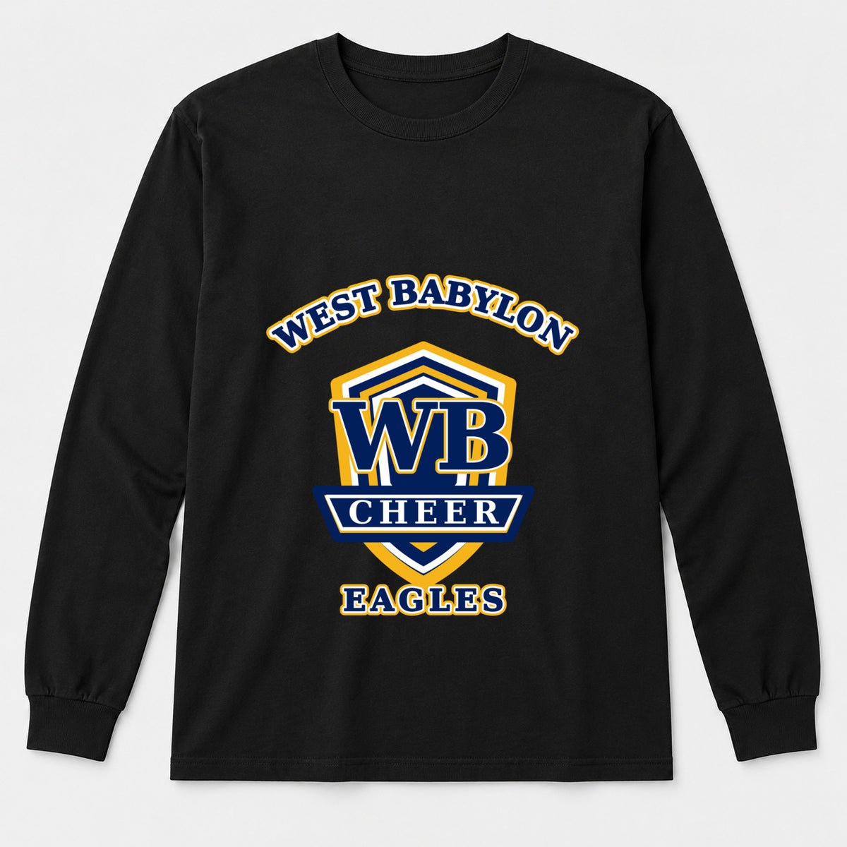 West Babylon Eagles Cheer collegiate crest adult long-sleeve shirt in Black, front view.