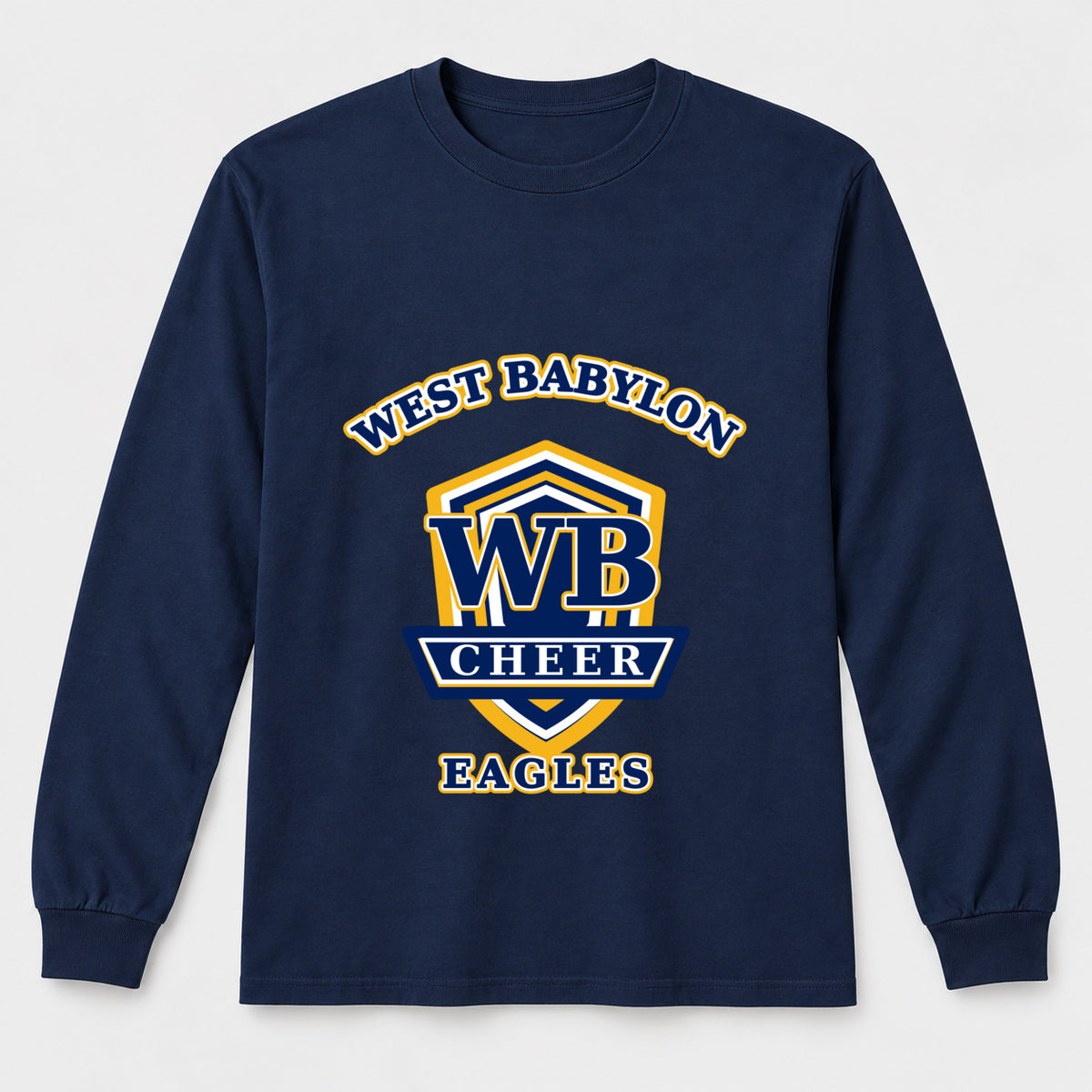 West Babylon Eagles Cheer collegiate crest adult long-sleeve shirt in Navy, front view.