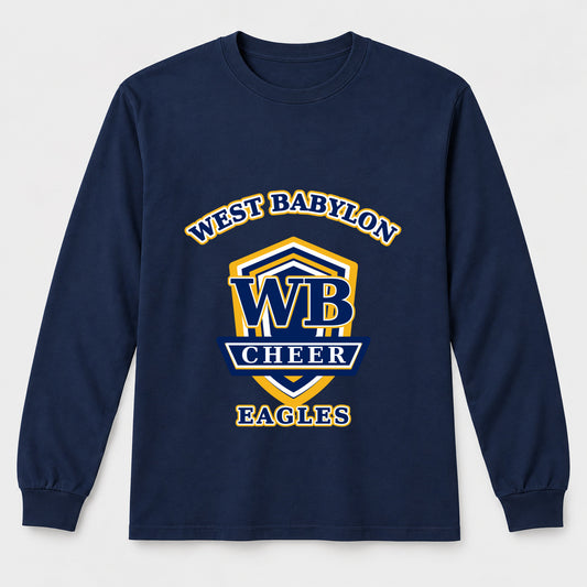 West Babylon Eagles Cheer collegiate crest adult long-sleeve shirt in Navy, front view.