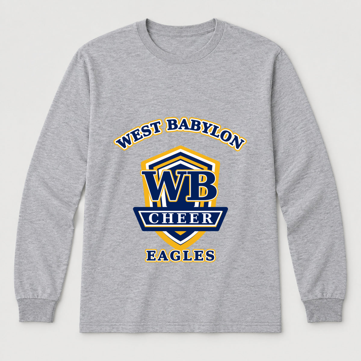 West Babylon Eagles Cheer collegiate crest adult long-sleeve shirt in Sport Grey, front view.
