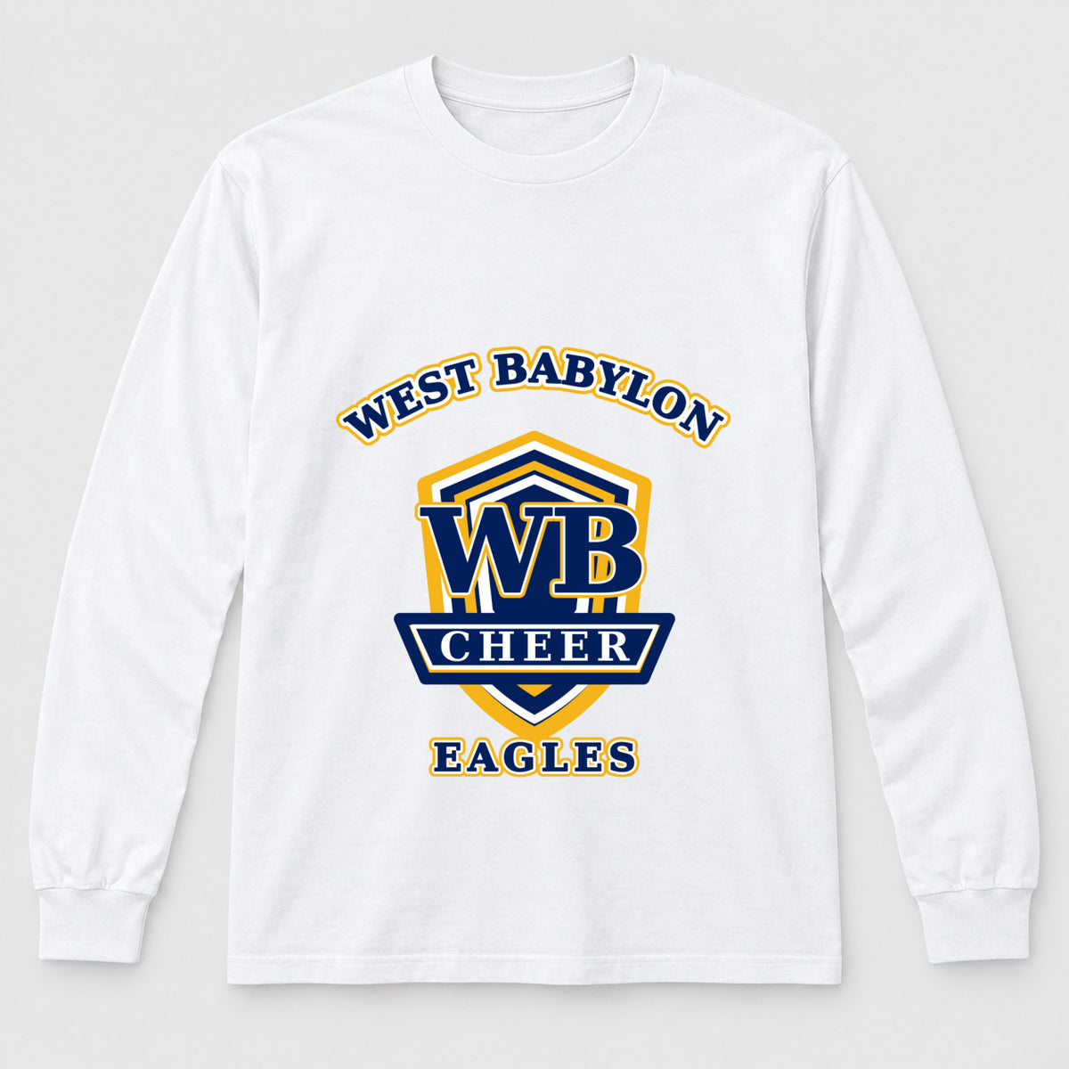 West Babylon Eagles Cheer collegiate crest adult long-sleeve shirt in White, front view.