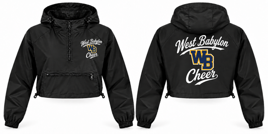 West Babylon Cheer black adult crop windbreaker front and back
