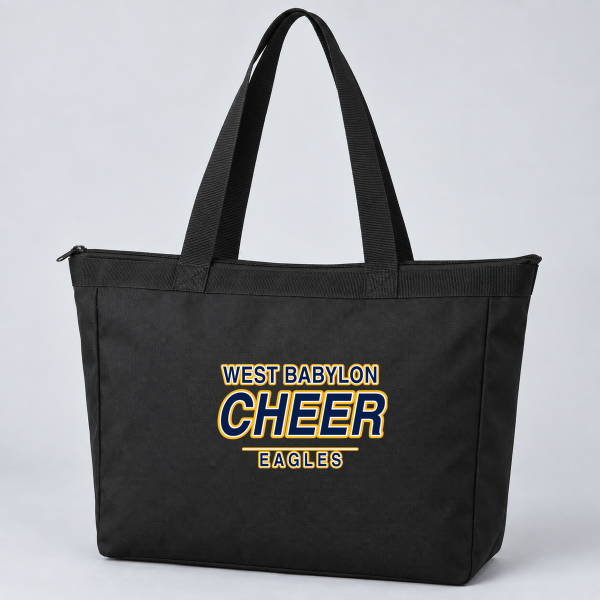 Black West Babylon Eagles cheer collegiate zip-top tote, centered front decoration