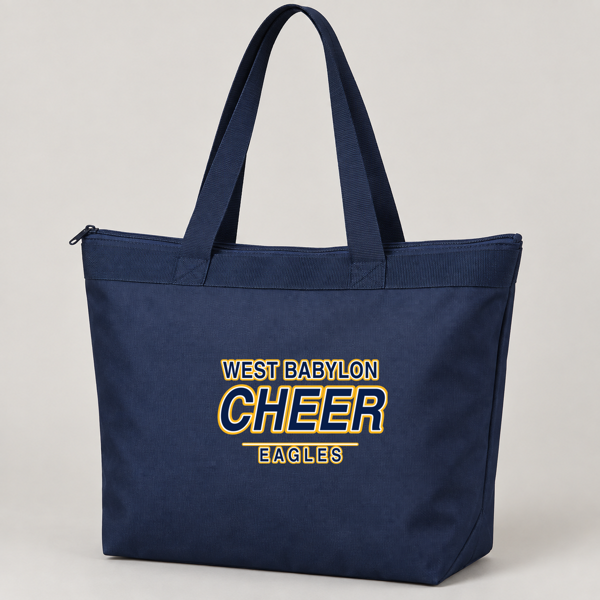 Navy West Babylon Eagles cheer collegiate zip-top tote, centered front decoration