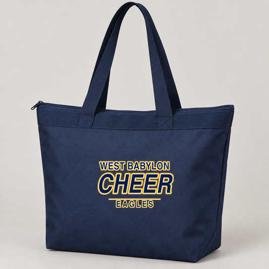 Navy West Babylon Eagles cheer collegiate zip-top tote, centered front decoration