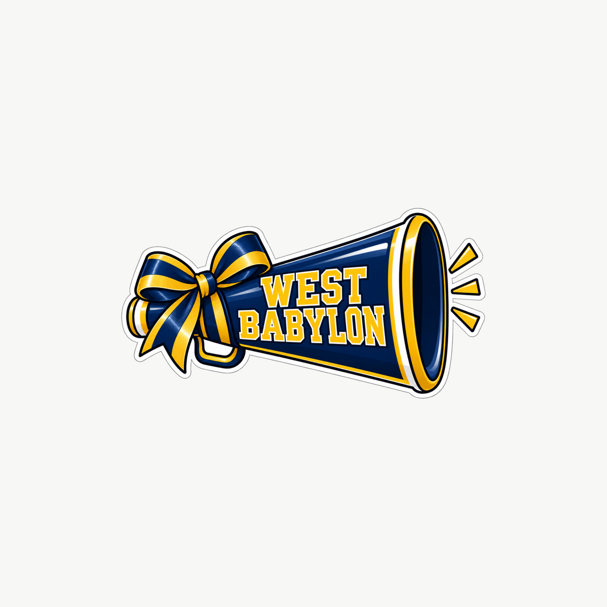 West Babylon cheer megaphone sticker in navy and gold