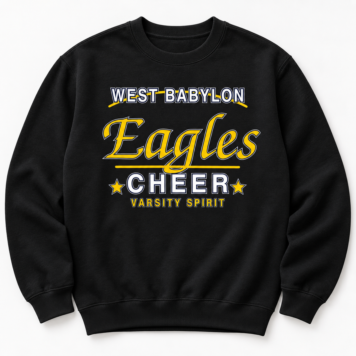 West Babylon Eagles Cheer varsity-script adult crewneck in Jet Black, front view