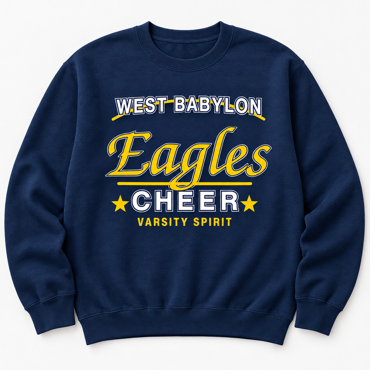 West Babylon Eagles Cheer varsity-script adult crewneck in Navy, front view