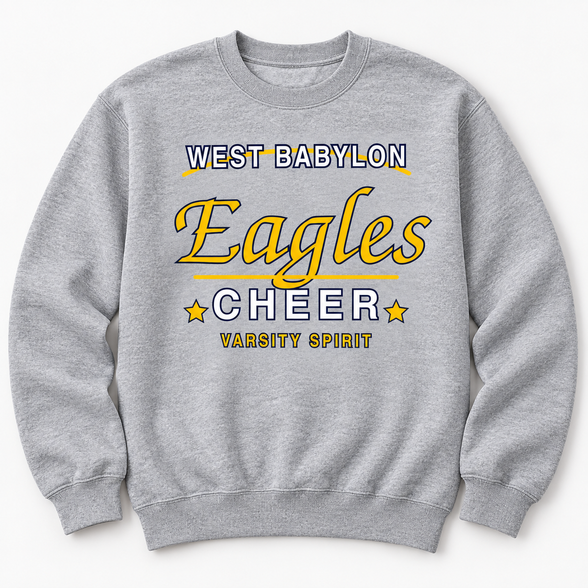 West Babylon Eagles Cheer varsity-script adult crewneck in Sport Grey, front view
