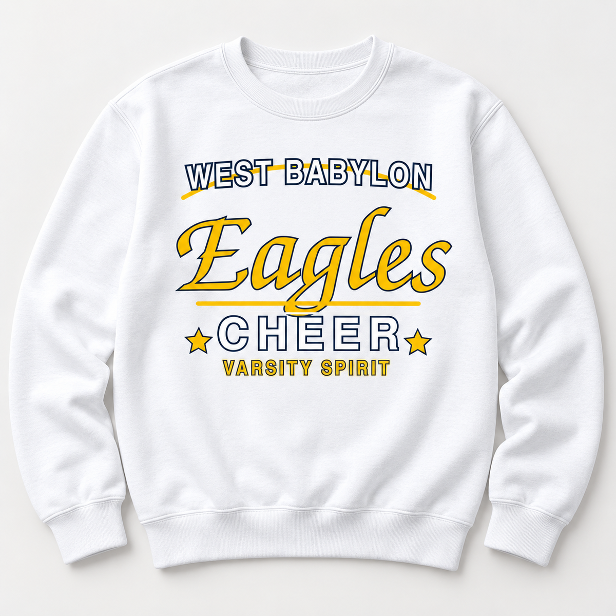 West Babylon Eagles Cheer varsity-script adult crewneck in White, front view