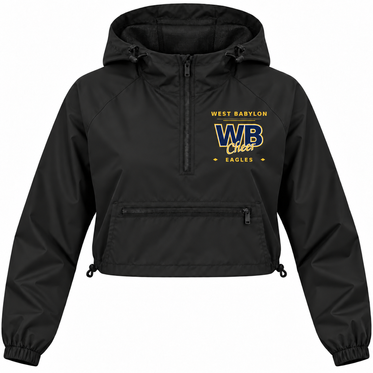 West Babylon Eagles Cheer women's black varsity crop windbreaker, front view