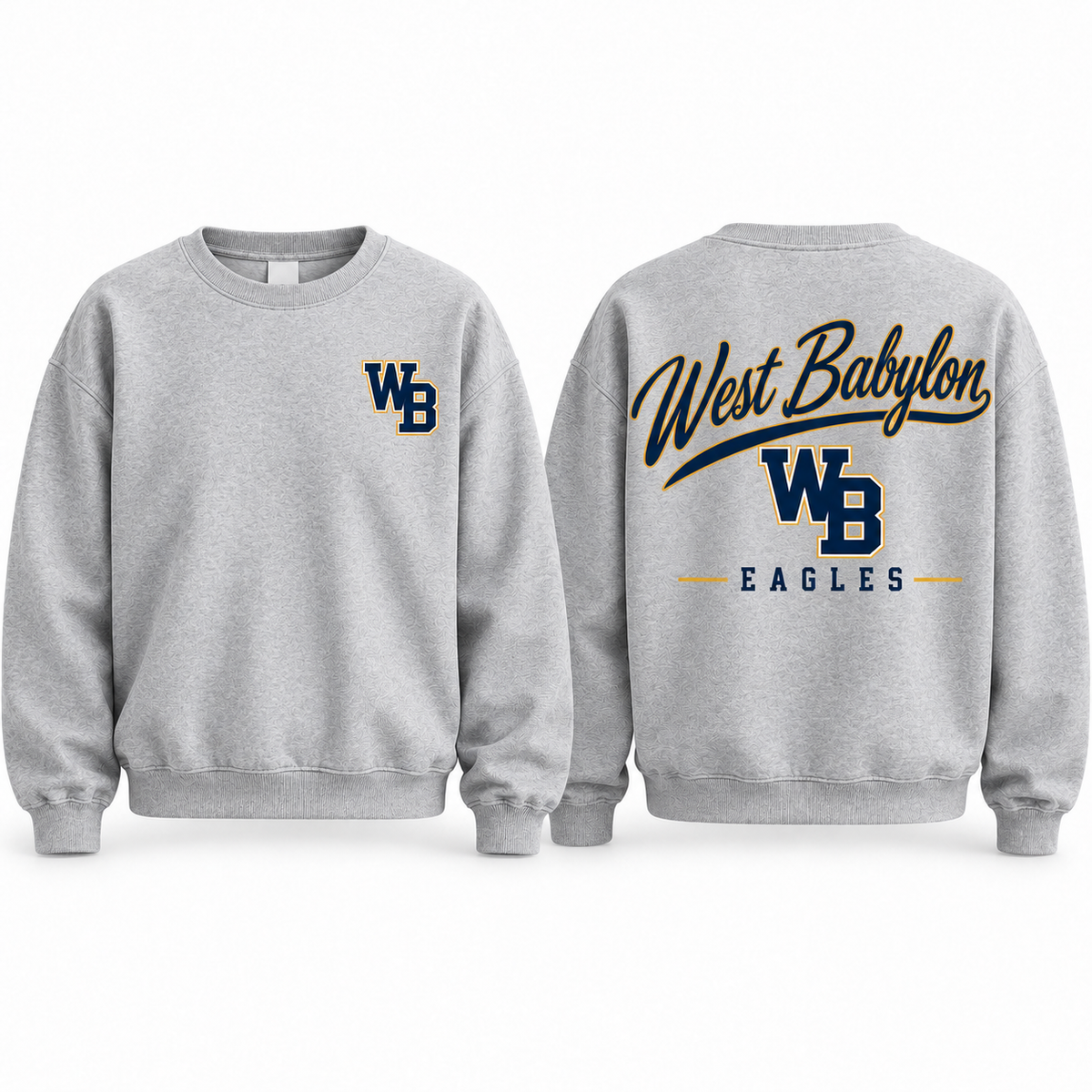 West Babylon Eagles heather gray crewneck front and back