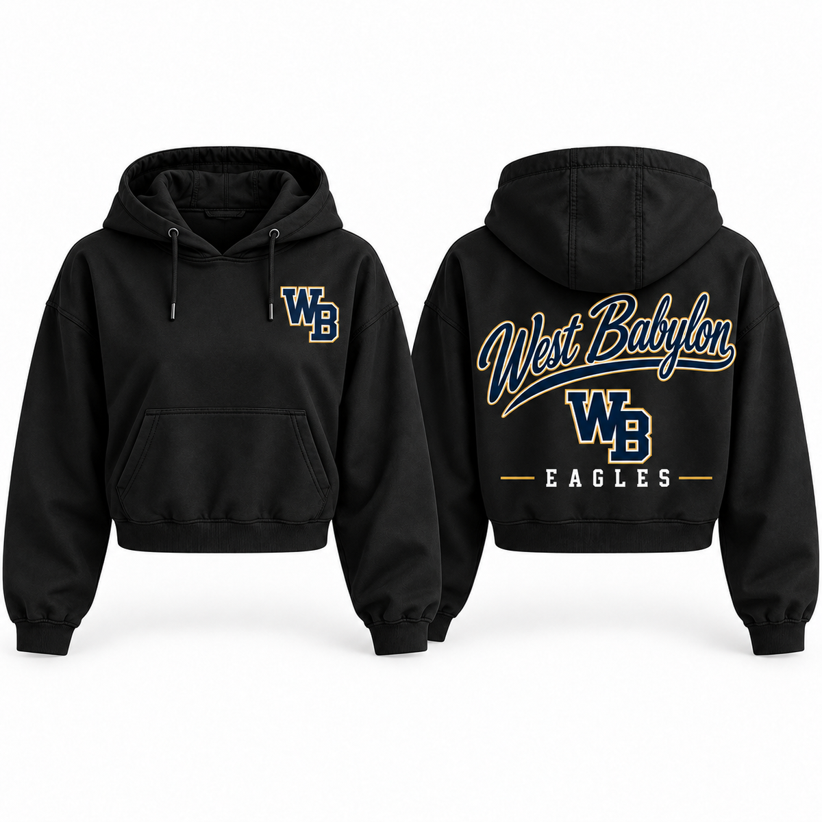 West Babylon Eagles black women’s cropped hoodie front and back