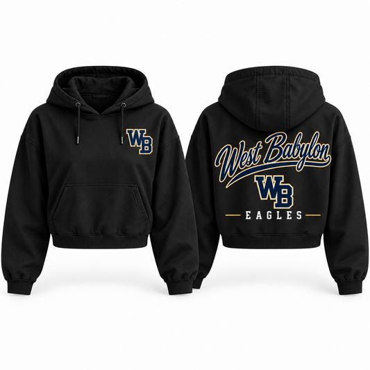 West Babylon Eagles black women’s cropped hoodie front and back