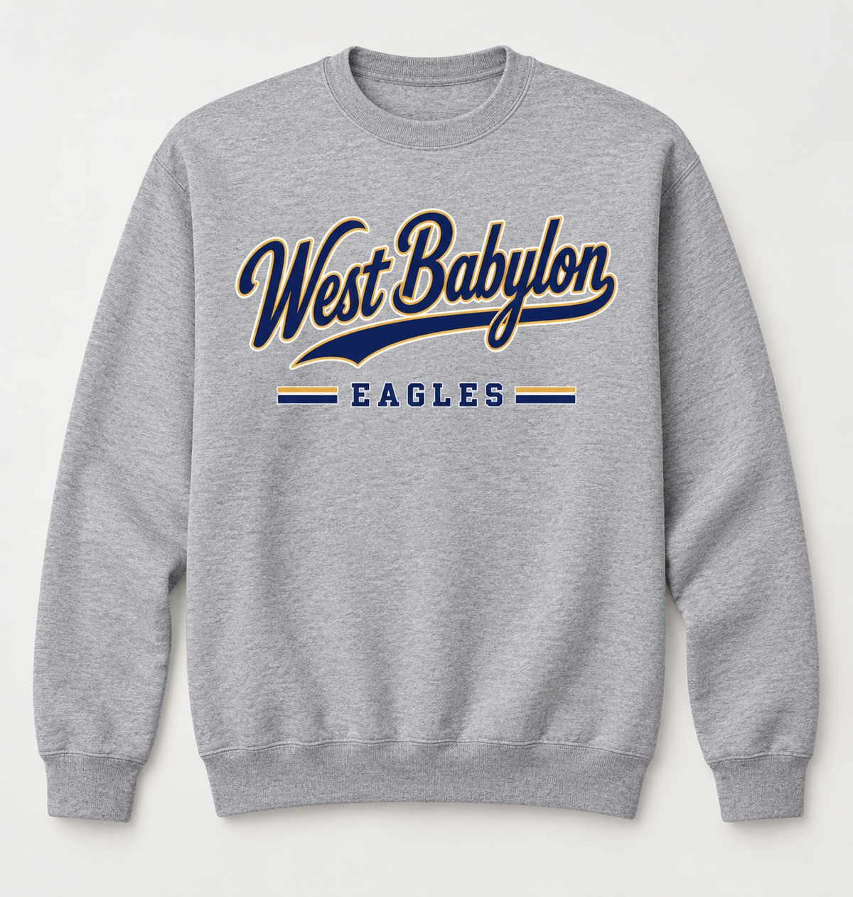West Babylon Eagles Heritage Script Crewneck Sweatshirt in Heather Gray — front view