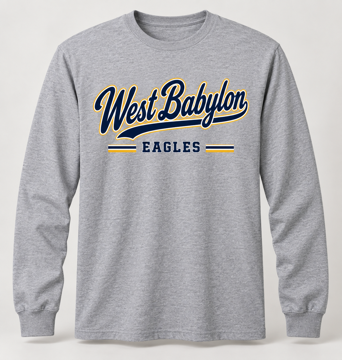 West Babylon Eagles Heritage Script Long Sleeve Tee in Heather Gray — front view