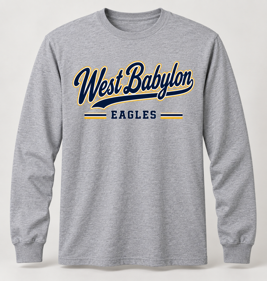 West Babylon Eagles Heritage Script Long Sleeve Tee in Heather Gray — front view
