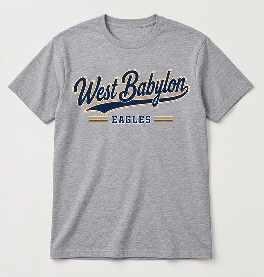 West Babylon Eagles Heritage Script Tee in Heather Gray — front view