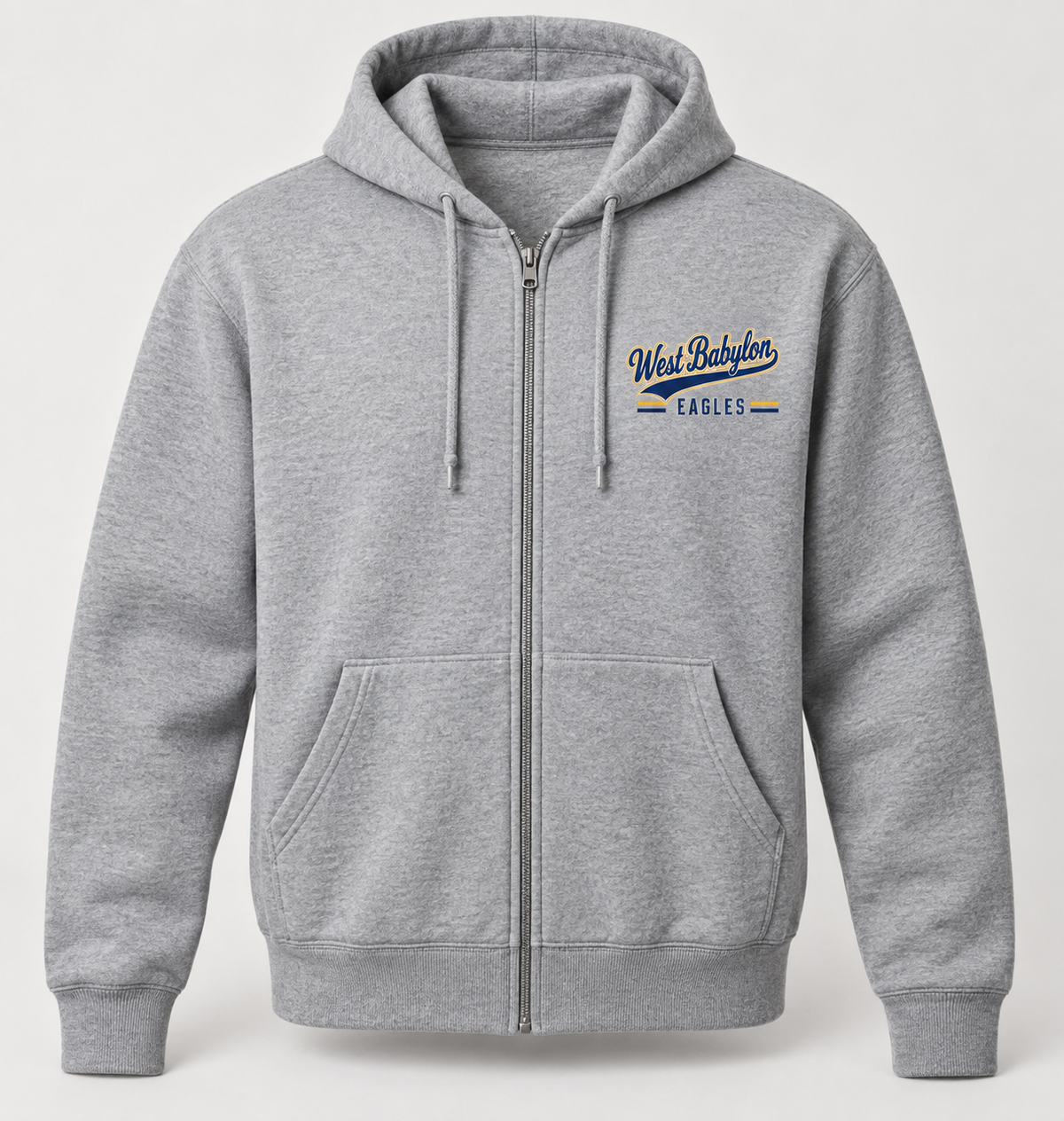 West Babylon Eagles Heritage Script Zip Hoodie in Heather Gray — front view
