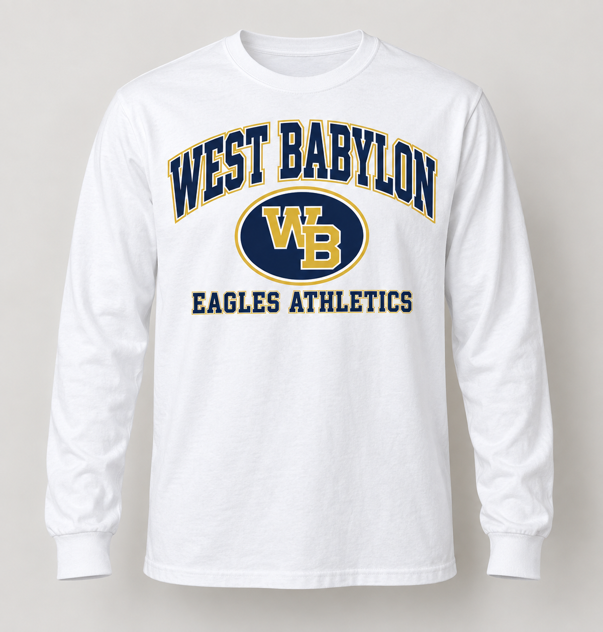 West Babylon Eagles Stadium Crest Long Sleeve Tee in White — front view