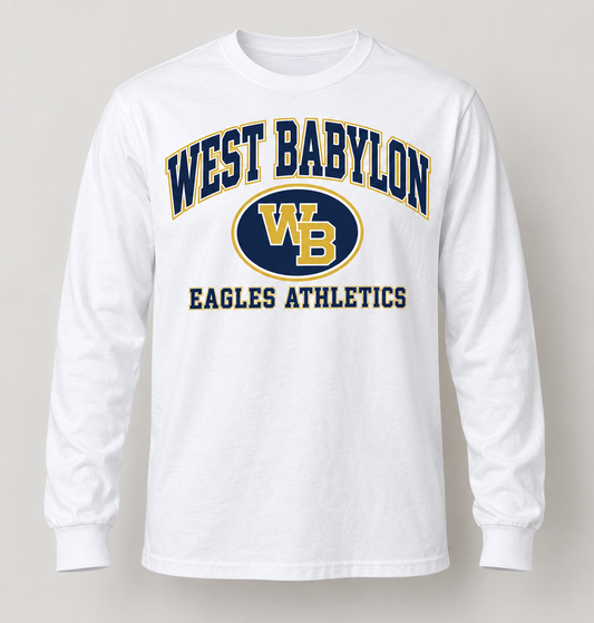 West Babylon Eagles Stadium Crest Long Sleeve Tee in White — front view