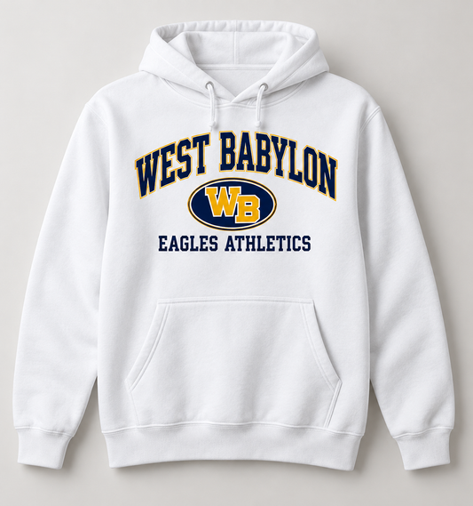 West Babylon Eagles Stadium Crest Pullover Hoodie in White — front view