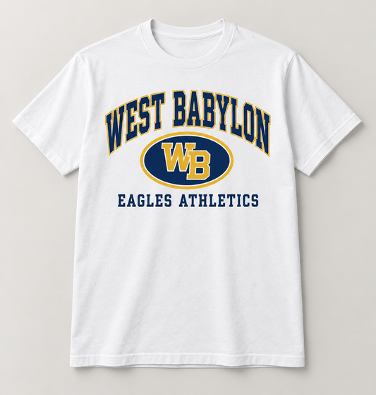 West Babylon Eagles Stadium Crest Tee in White — front view