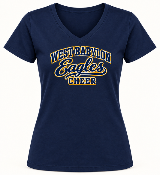 West Babylon Eagles Cheer women’s varsity-script V-neck in Navy, navy, white and gold front lettering and plain back.