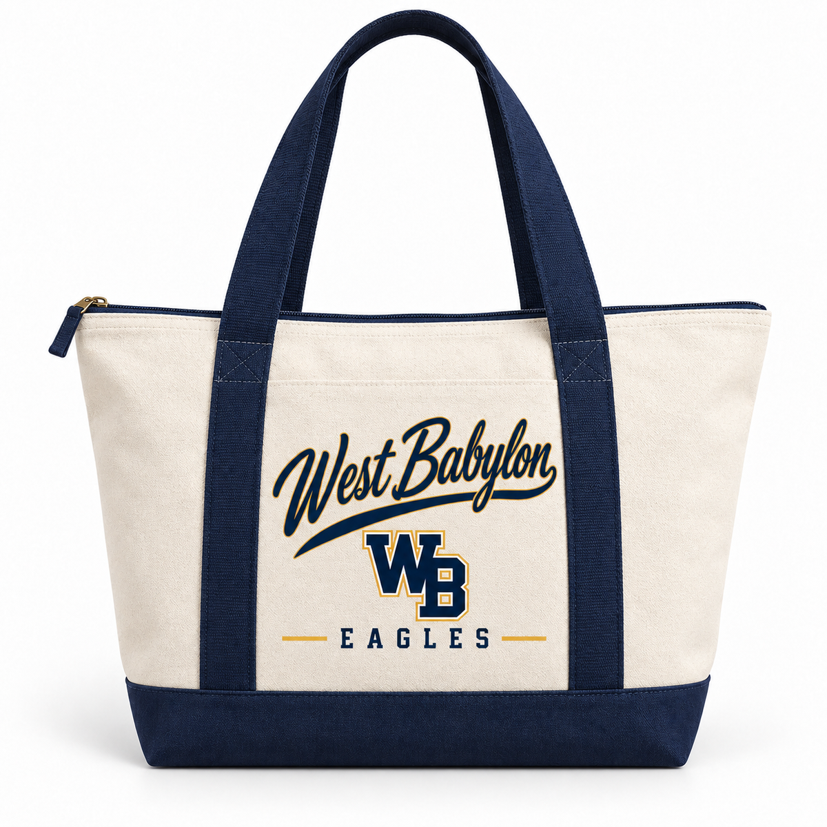West Babylon Eagles natural navy zip canvas tote