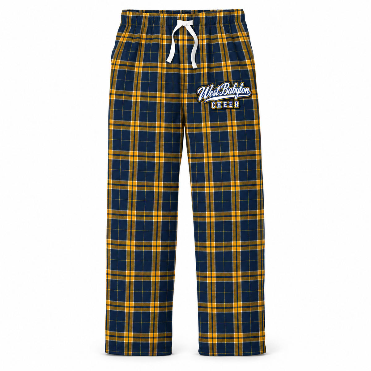 West Babylon Cheer Team Navy/Gold Plaid flannel pajama pants with collegiate script