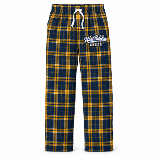 West Babylon Cheer Team Navy/Gold Plaid flannel pajama pants with collegiate script