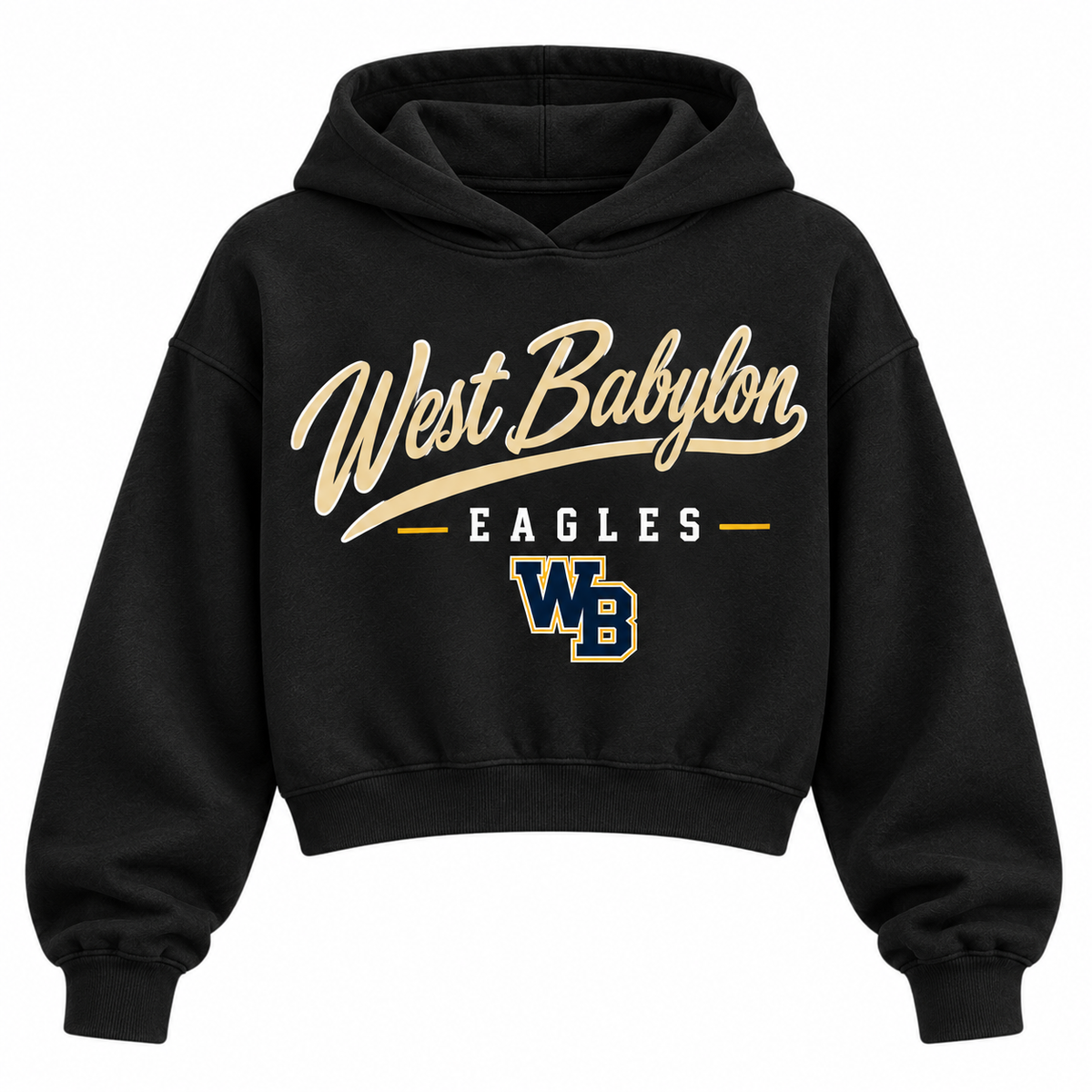 West Babylon Eagles black cropped hoodie with heritage school script and varsity monogram on front
