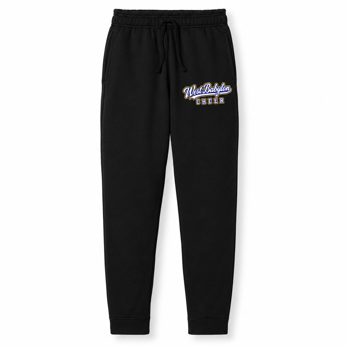West Babylon Cheer Jet Black fleece joggers with collegiate script