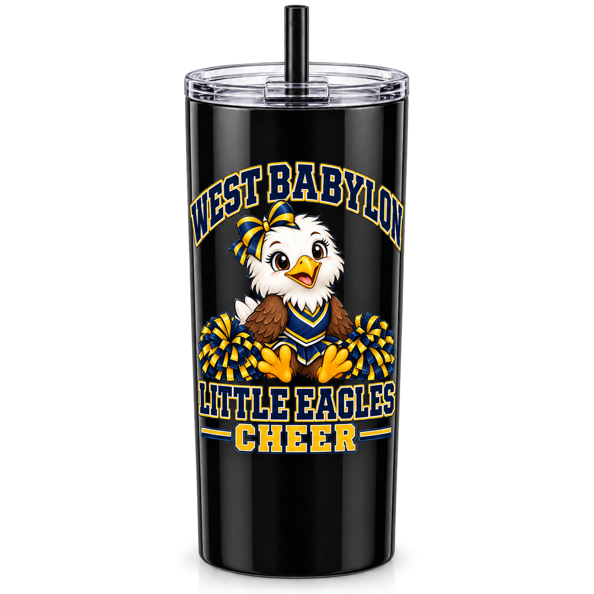 Black 20 oz skinny tumbler with West Babylon Little Eagles cheer mascot design
