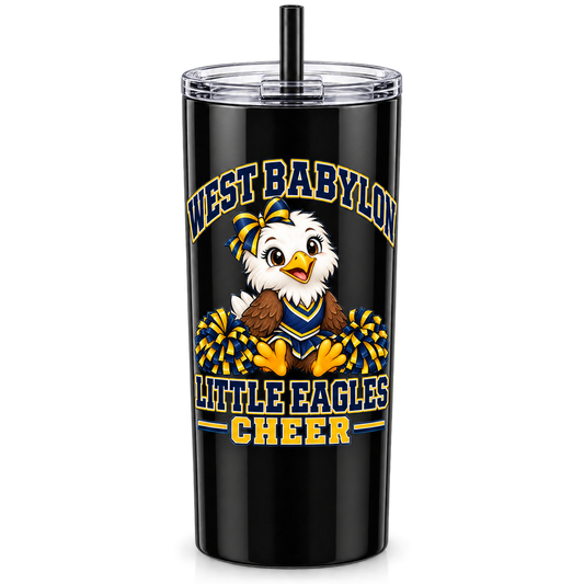 Black 20 oz skinny tumbler with West Babylon Little Eagles cheer mascot design