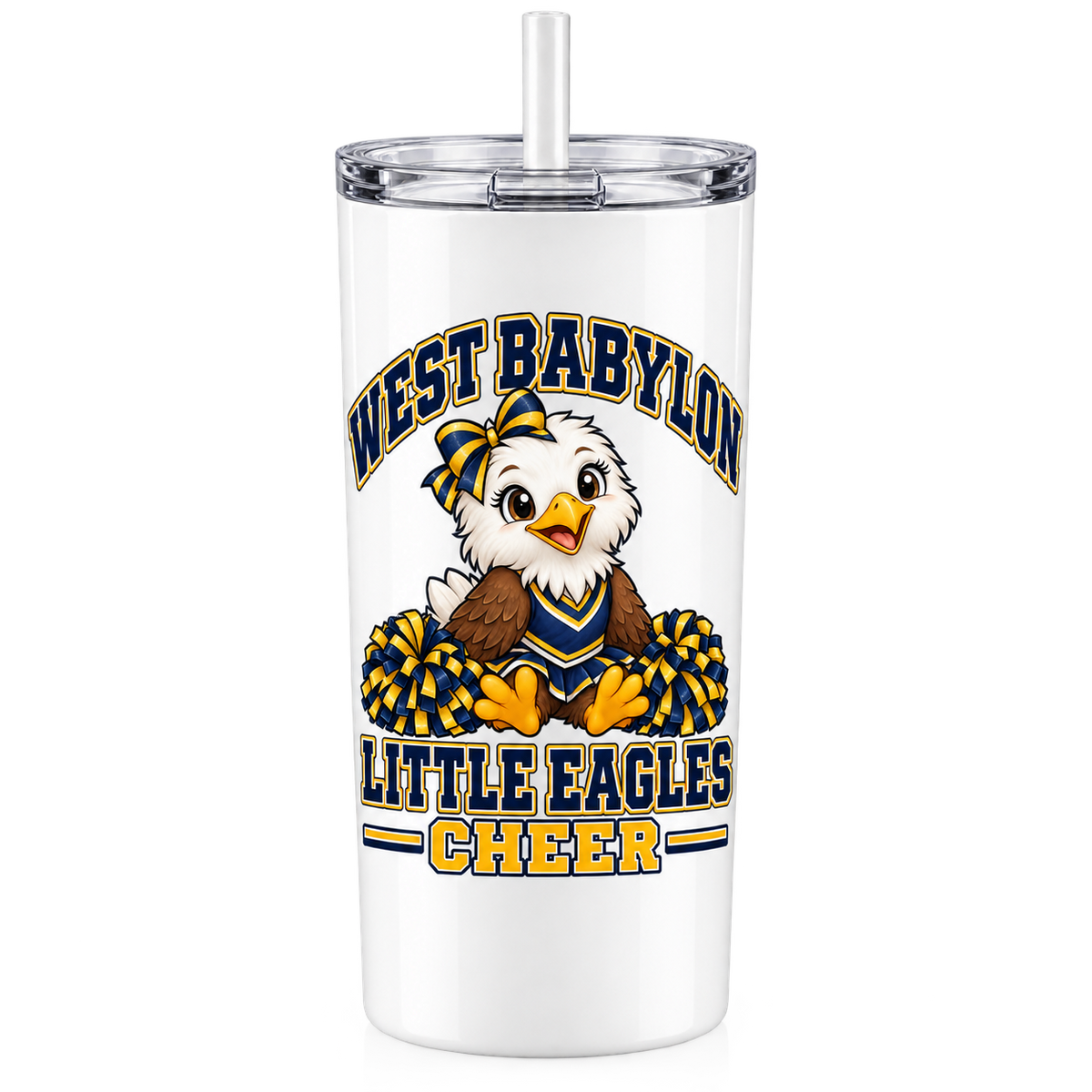 White 20 oz skinny tumbler with West Babylon Little Eagles cheer mascot design