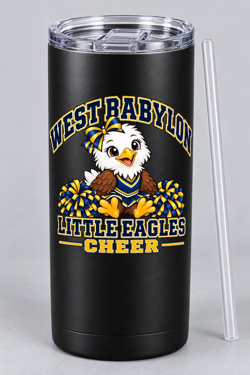 Black 20 oz classic tumbler with West Babylon Little Eagles cheer mascot