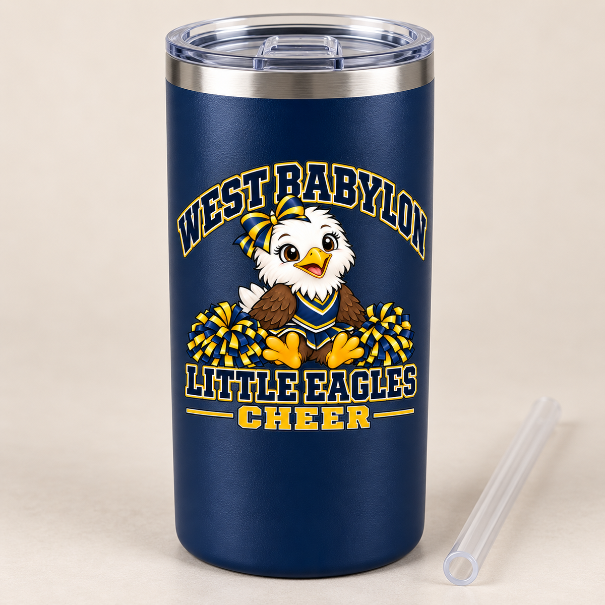 Navy 20 oz classic tumbler with West Babylon Little Eagles cheer mascot