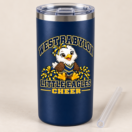 Navy 20 oz classic tumbler with West Babylon Little Eagles cheer mascot