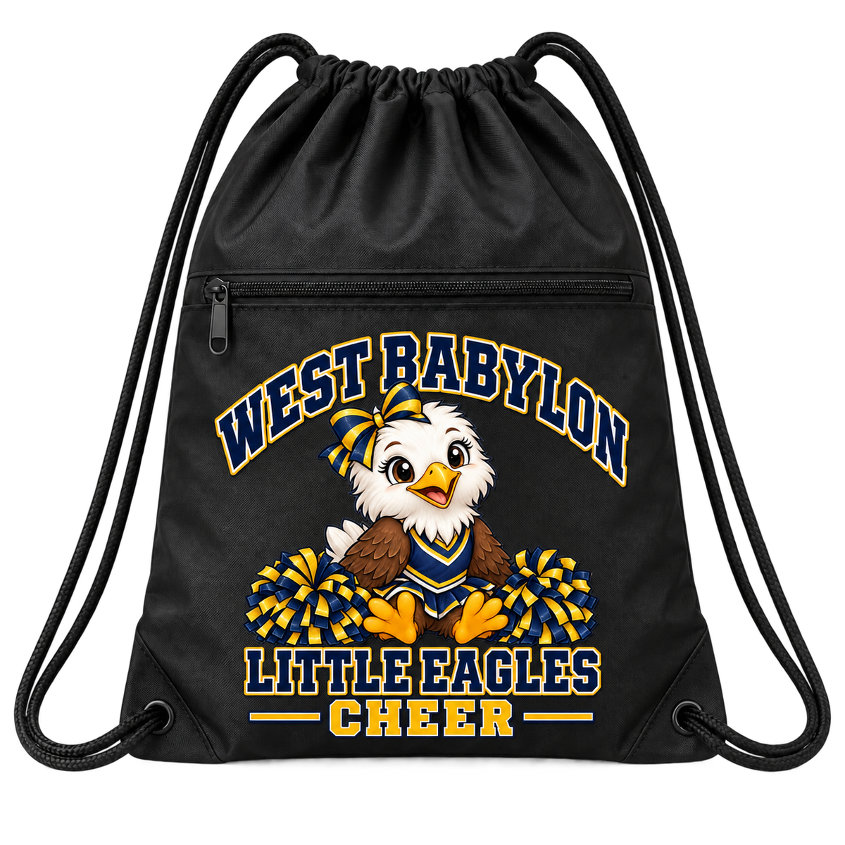 West Babylon Little Eagles Cheer black zip-pocket drawstring backpack