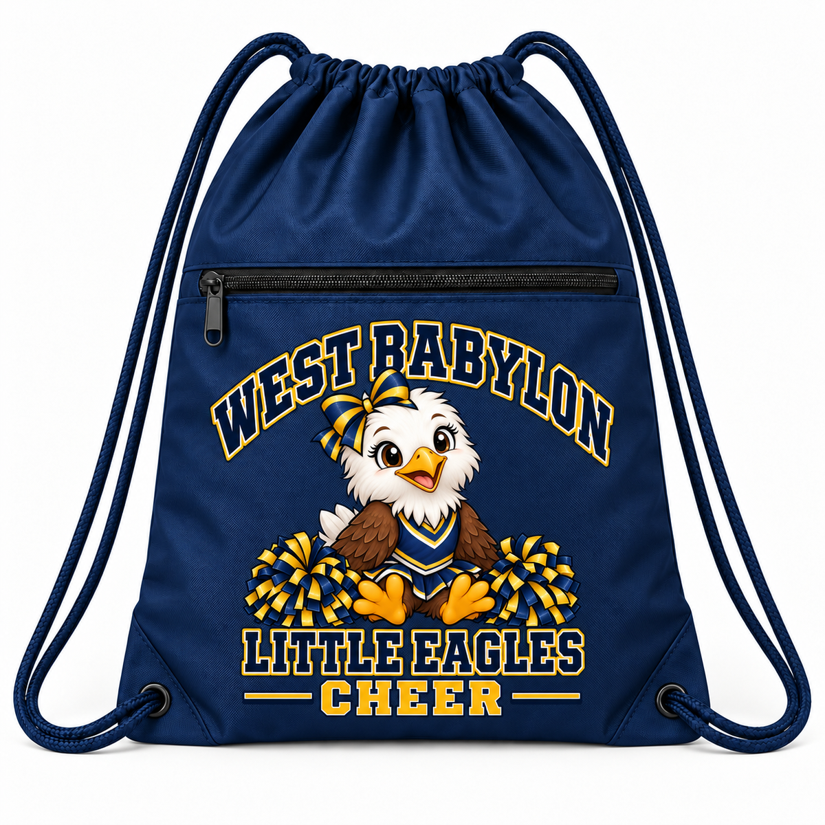West Babylon Little Eagles Cheer navy zip-pocket drawstring backpack