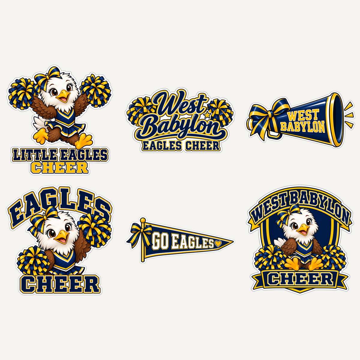 West Babylon Little Eagles Cheer six-piece sticker pack showing all six navy and gold designs