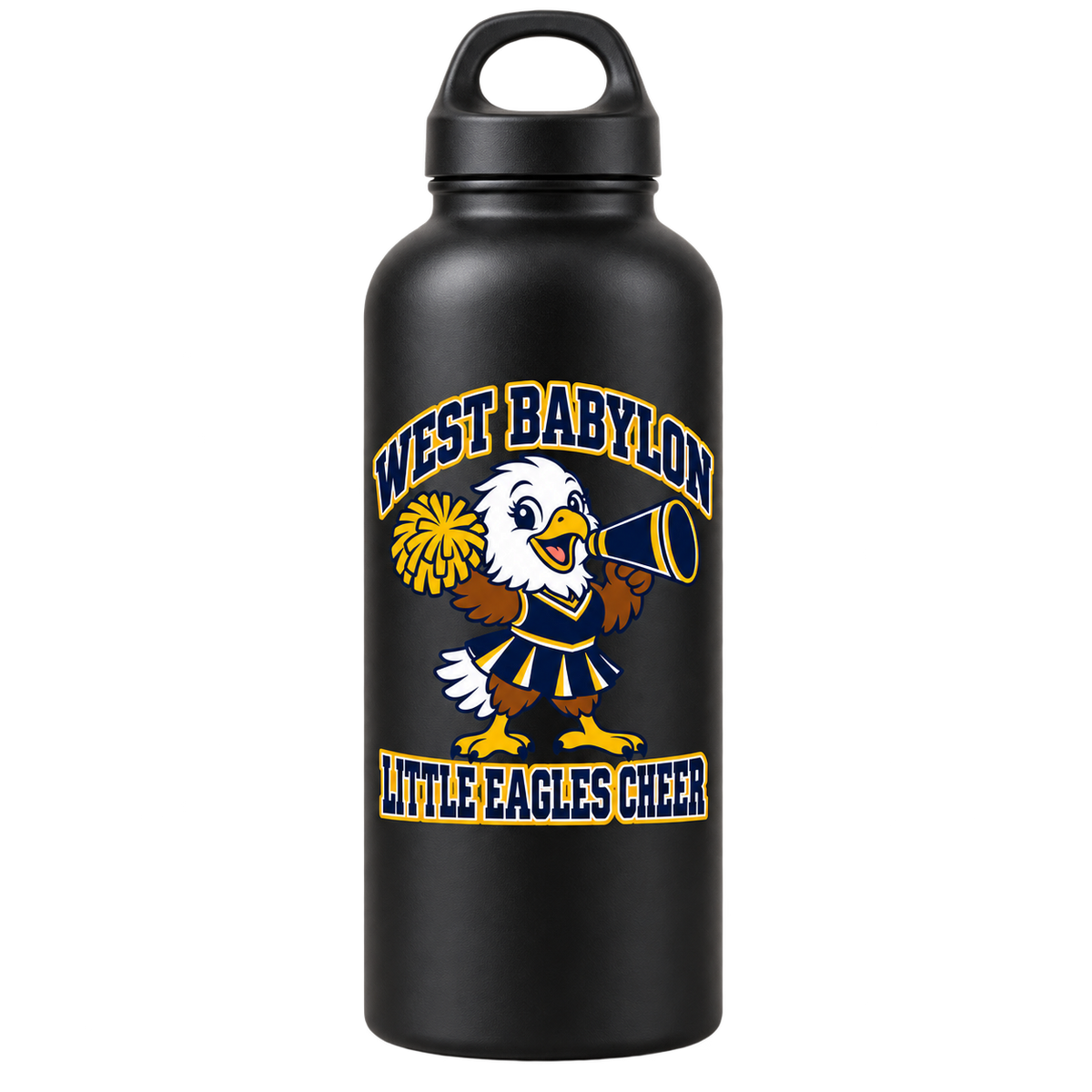 West Babylon Little Eagles Cheer 20 oz aluminum water bottle in Black, front view