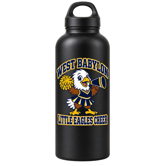 West Babylon Little Eagles Cheer 20 oz aluminum water bottle in Black, front view