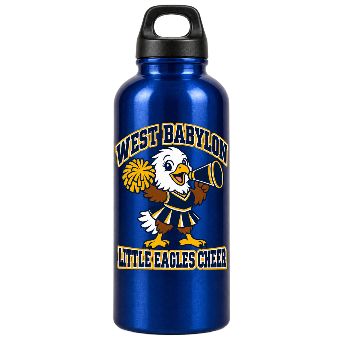 West Babylon Little Eagles Cheer 20 oz aluminum water bottle in Metallic Blue, front view