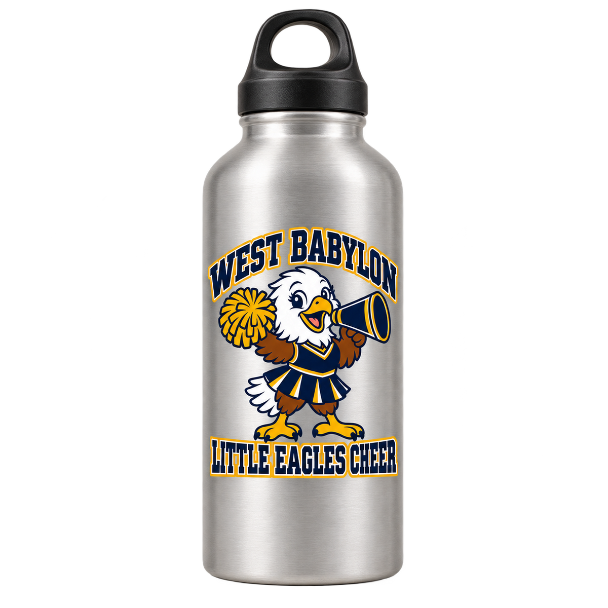 West Babylon Little Eagles Cheer 20 oz aluminum water bottle in Silver, front view