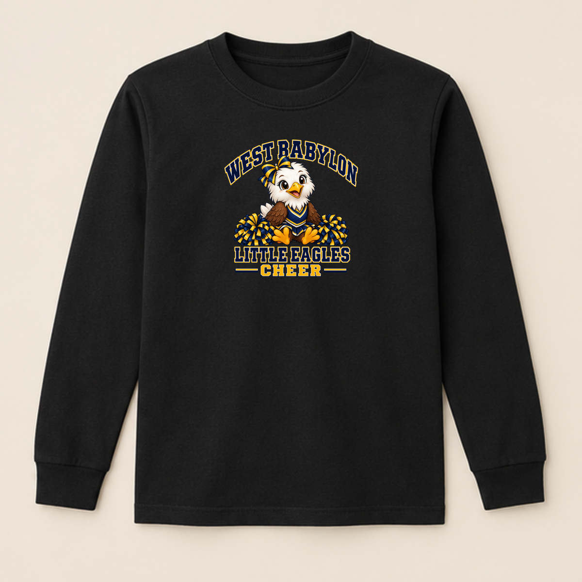 Black West Babylon Little Eagles youth long-sleeve cheer shirt
