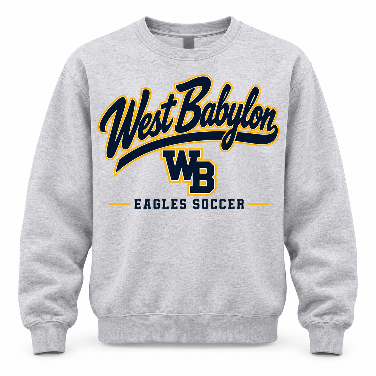 West Babylon Eagles Soccer Pro Script Classic Crewneck Sweatshirt in Heather Gray with navy gold and white collegiate artwork