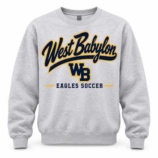 West Babylon Eagles Soccer Pro Script Classic Crewneck Sweatshirt in Heather Gray with navy gold and white collegiate artwork