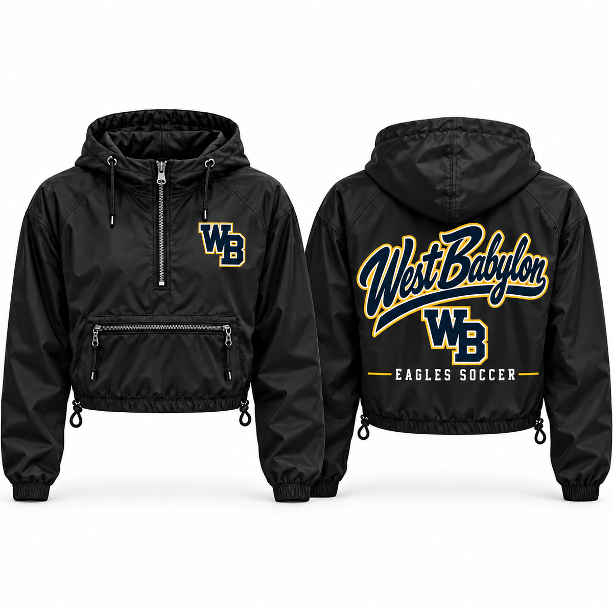 West Babylon Eagles Soccer Women's Pro Script Crop Windbreaker in Black with navy gold and white collegiate artwork